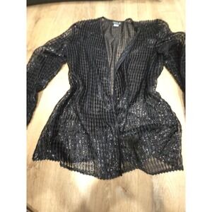 Vtg ONYX Nite Wendye Chaitin Black Sequin Duster Jacket‎ Cardigan Petite S USA